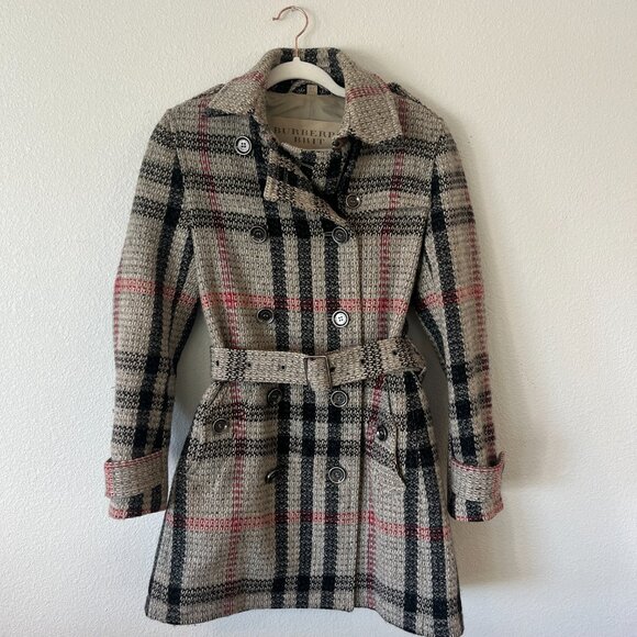 Burberry Grey Red Black 100% Wool Nova Plaid Coat - Picture 4 of 12